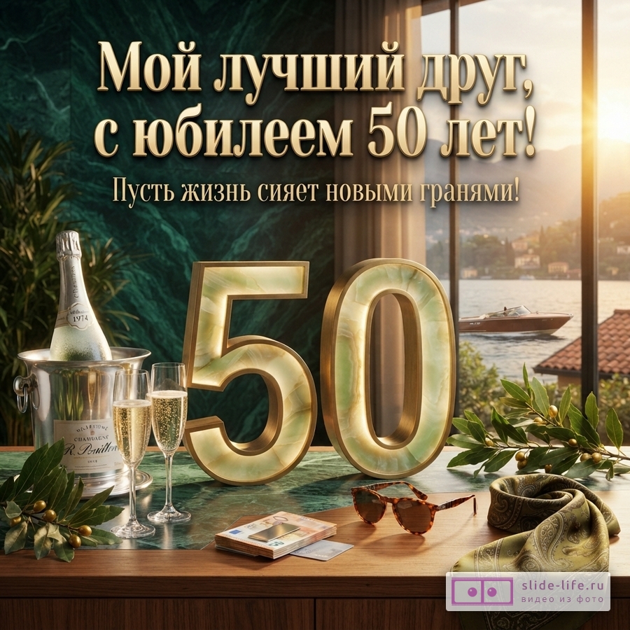 Золотые буквы «Мой лучший друг, с юбилеем 50 лет! Пусть жизнь сияет новыми гранями!» на фоне изумрудной стены и окна с видом на озеро. На столе бутылка шампанского в ведерке, два бокала, цифры 50 из оникса, солнцезащитные очки, пачка денег, платок.