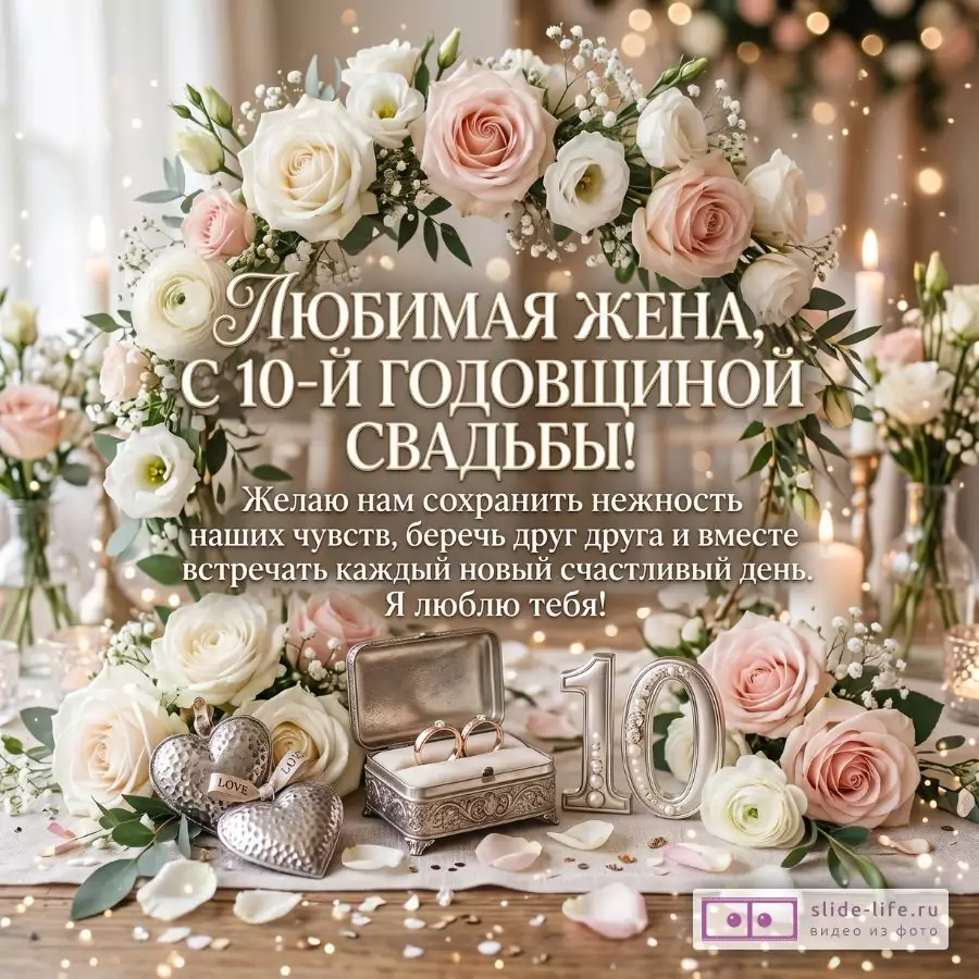 С 10-й Годовщиной Свадьбы, Любимая Жена! Душевная Открытка от Мужа с Оловянной Свадьбой