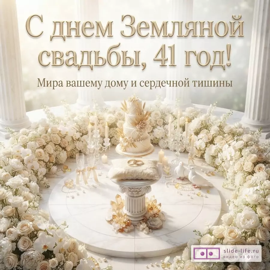 Белая открытка с бежевыми колоннами, цветами, свадебным тортом, кольцами на подушечке, свечами и голубями. Текст: «С днем Земляной свадьбы, 41 год! Мира вашему дому и сердечной тишины»