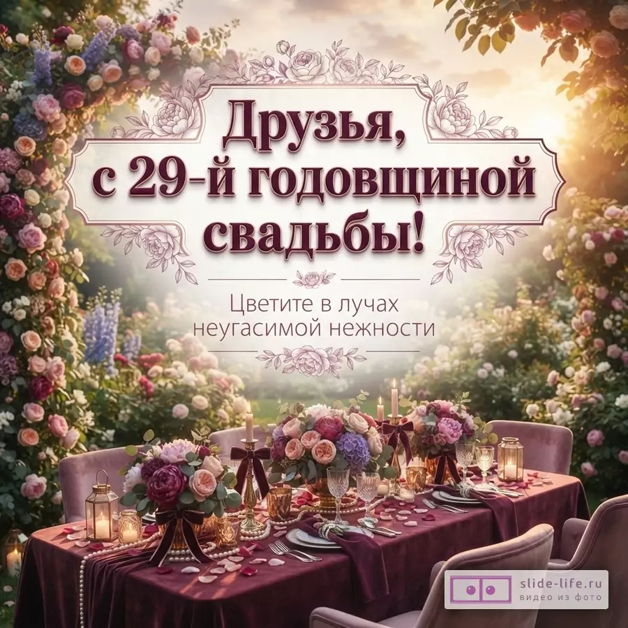 Фон с цветущим садом, сервированный стол с букетами, свечами и бокалами. Текст: «Друзья, с 29-й годовщиной свадьбы! Цветите в лучах неугасимой нежности»