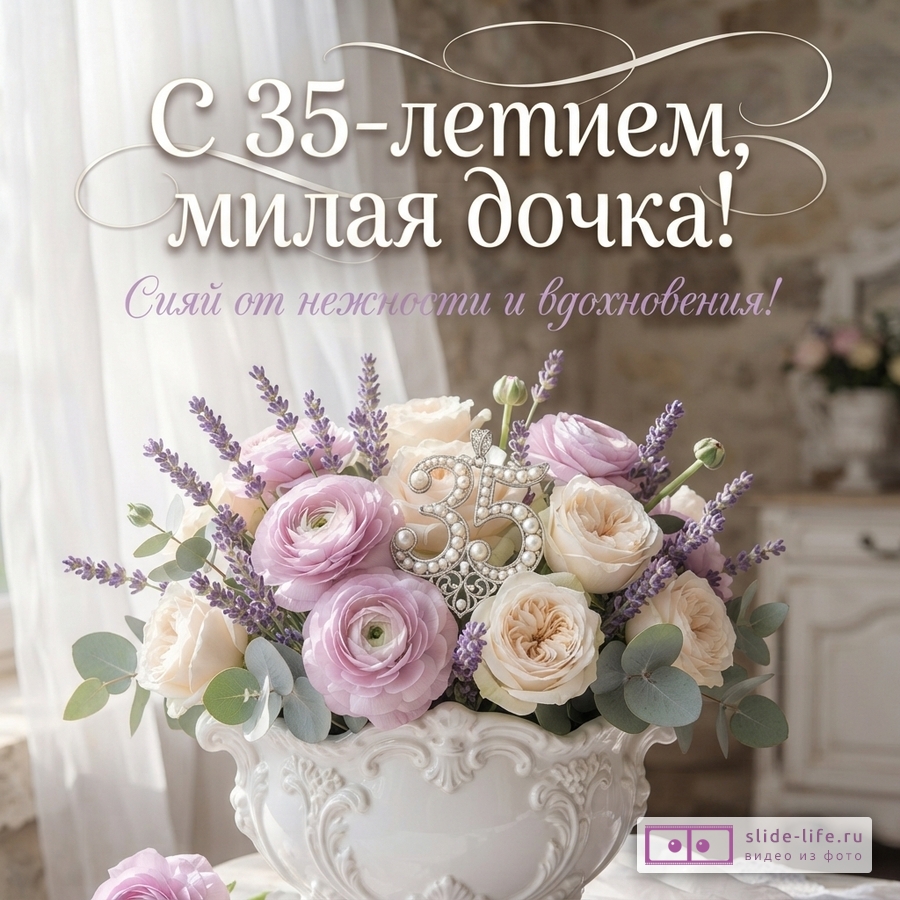 Букет из розовых ранункулюсов, белых роз и лаванды в фарфоровой вазе с цифрой 35 и надписью «С 35-летием, милая дочка! Сияй от нежности и вдохновения!»