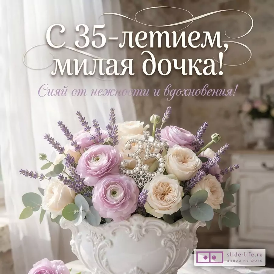 Букет из розовых ранункулюсов, белых роз и лаванды в фарфоровой вазе с цифрой 35 и надписью «С 35-летием, милая дочка! Сияй от нежности и вдохновения!»