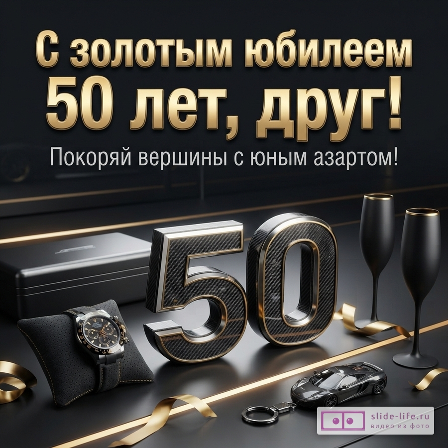 Черный фон, золотые буквы, цифры 50, часы, бокалы, брелок-машинка. Текст: «С золотым юбилеем 50 лет, друг! Покоряй вершины с юным азартом!»