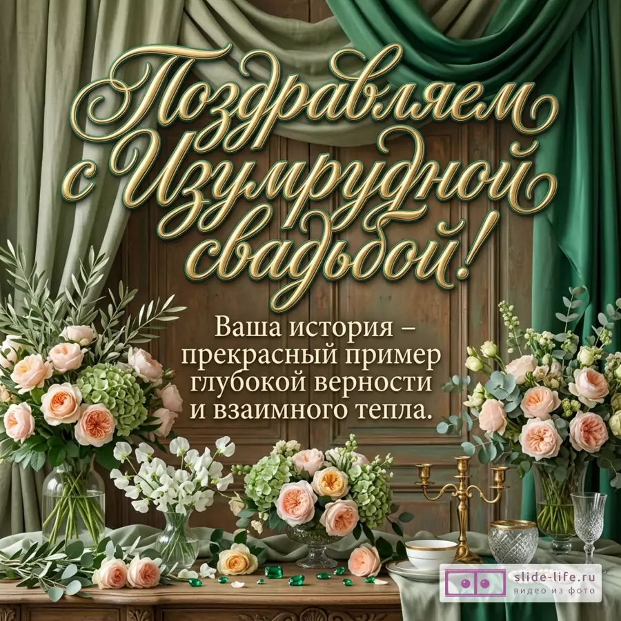 Открытка с текстом «Поздравляем с Изумрудной свадьбой! Ваша история – прекрасный пример глубокой верности и взаимного тепла.» зеленые драпировки, деревянный фон, цветы, свечи, посуда