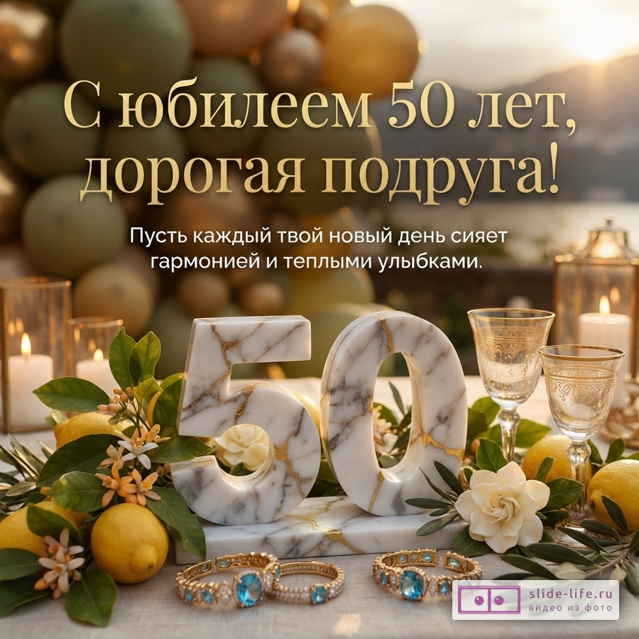 Открытка с золотыми буквами на фоне воздушных шаров и морского пейзажа. На переднем плане мраморные цифры 50, лимоны, цветы, свечи, бокалы и браслеты. Текст: «С юбилеем 50 лет, дорогая подруга! Пусть каждый твой новый день сияет гармонией и теплыми улыбками.»