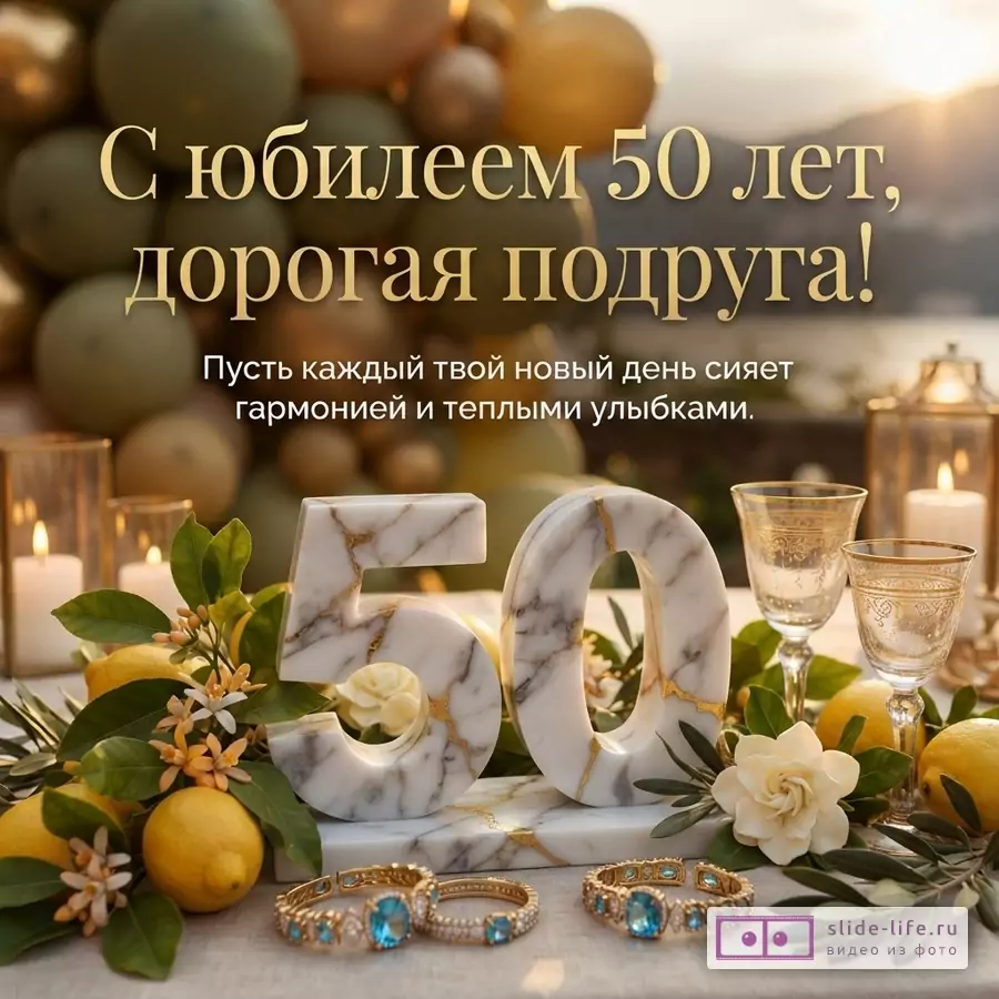 Открытка с золотыми буквами на фоне воздушных шаров и морского пейзажа. На переднем плане мраморные цифры 50, лимоны, цветы, свечи, бокалы и браслеты. Текст: «С юбилеем 50 лет, дорогая подруга! Пусть каждый твой новый день сияет гармонией и теплыми улыбками.»