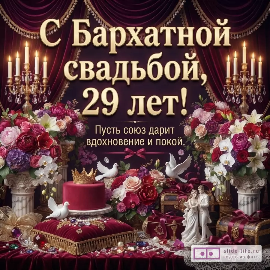 Открытка с бордовыми шторами, золотыми подсвечниками, цветами, тортом, статуэткой пары. Текст: «С Бархатной свадьбой, 29 лет! Пусть союз дарит вдохновение и покой.»