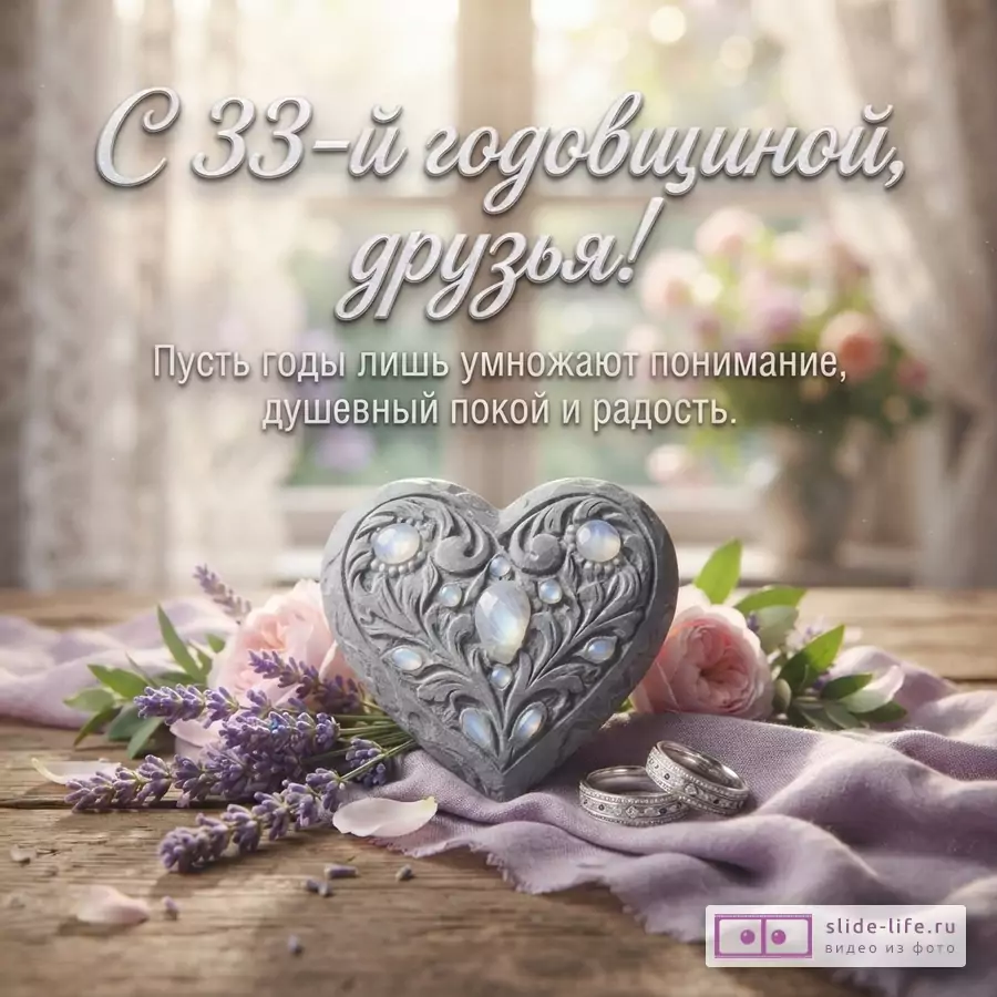 Открытка с серым каменным сердцем, лавандой, розовыми цветами, двумя кольцами на сиреневой ткани на деревянном столе. Фон размытый, светлый. Текст: «С 33-й годовщиной, друзья! Пусть годы лишь умножают понимание, душевный покой и радость.»