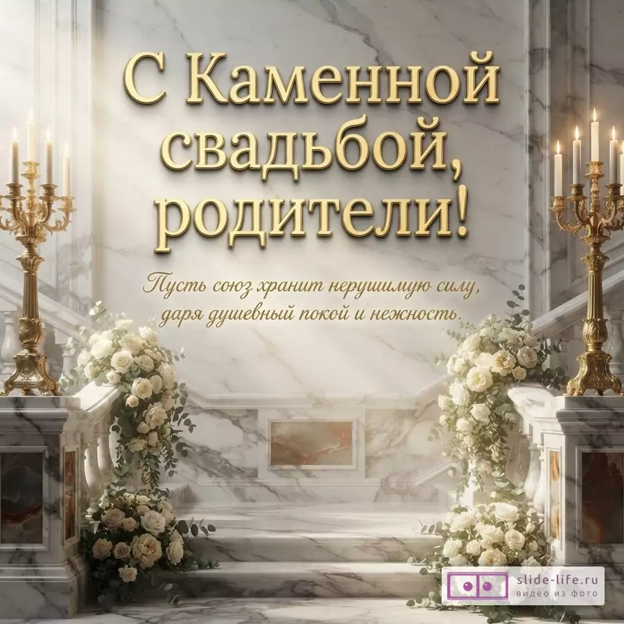 Открытка с мраморной лестницей, золотыми подсвечниками и белыми цветами. Текст «С Каменной свадьбой, родители! Пусть союз хранит нерушимую силу, даря душевный покой и нежность.»