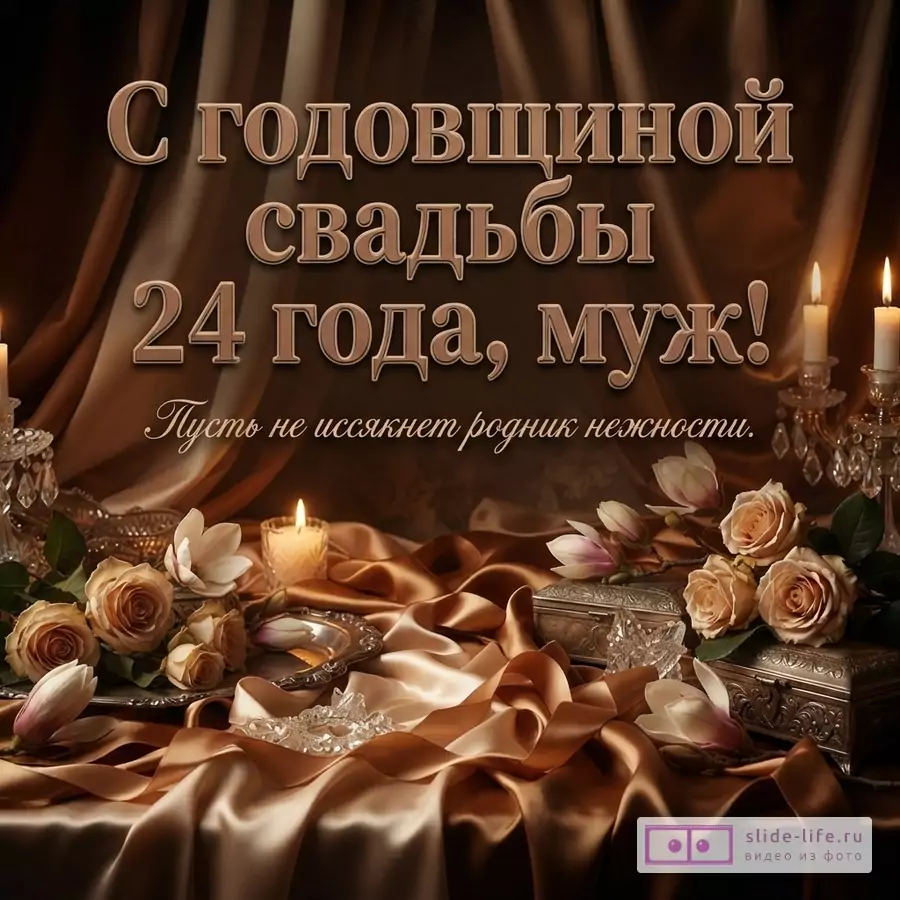 Шоколадно-золотистая атласная ткань, розы, горящие свечи и надпись «С годовщиной свадьбы 24 года, муж! Пусть не иссякнет родник нежности.»