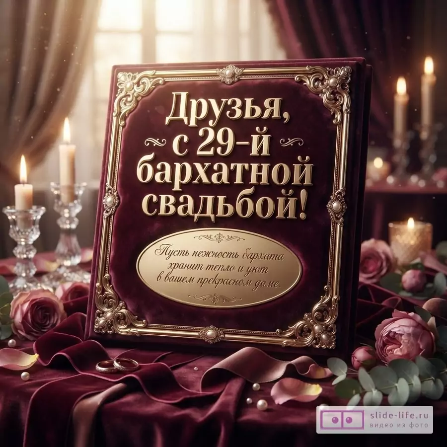 Бордовая бархатная открытка с золотой рамкой и золотым текстом, на фоне свечи, розы и кольца. Текст: «Друзья, с 29-й бархатной свадьбой! Пусть нежность бархата хранит тепло и уют в вашем прекрасном доме.»