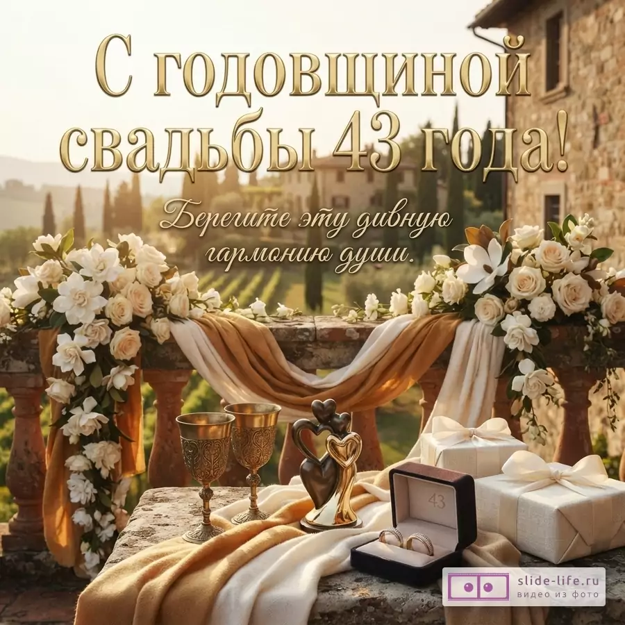 Открытка с видом на итальянскую долину, на переднем плане балкон с цветами, бокалами, статуэткой и обручальными кольцами. Текст: «С годовщиной свадьбы 43 года! Берегите эту дивную гармонию души.»