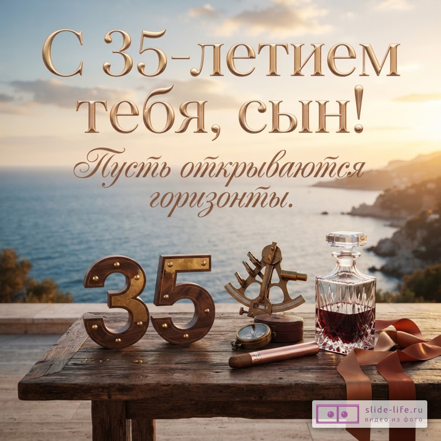Деревянные цифры 35, секстант, компас, сигара и графин на деревянном столе на фоне моря и надпись «С 35-летием тебя, сын! Пусть открываются горизонты.»