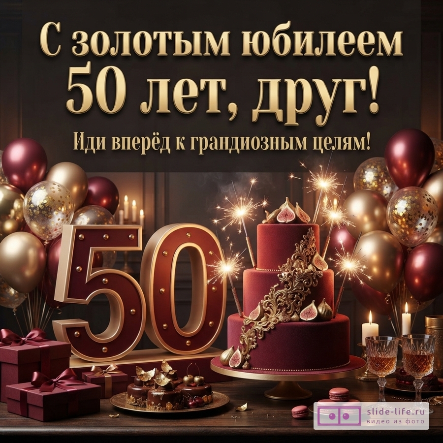 Темно-коричневый фон, золотые буквы, красные и золотые шары, красные подарки, красный торт с инжиром и золотым декором, свечи, бокалы. Текст: «С золотым юбилеем 50 лет, друг! Иди вперёд к грандиозным целям!»