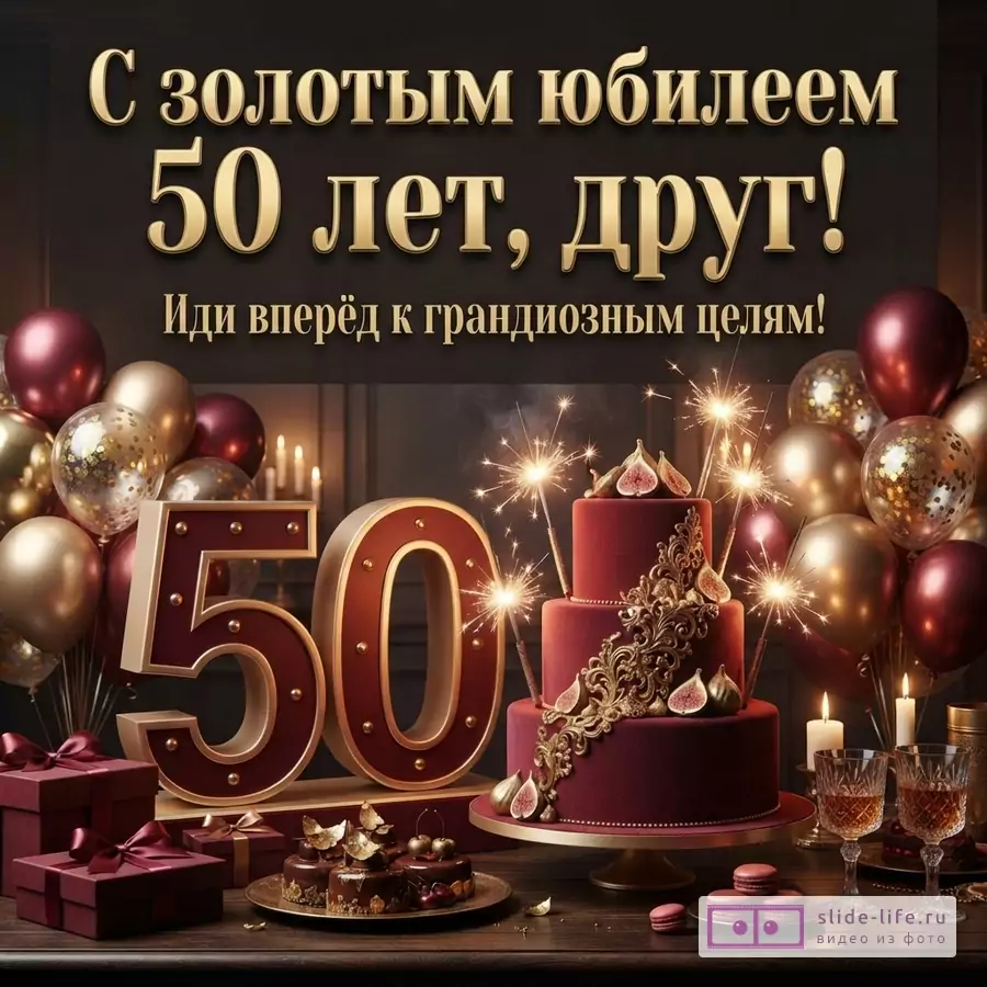 Темно-коричневый фон, золотые буквы, красные и золотые шары, красные подарки, красный торт с инжиром и золотым декором, свечи, бокалы. Текст: «С золотым юбилеем 50 лет, друг! Иди вперёд к грандиозным целям!»