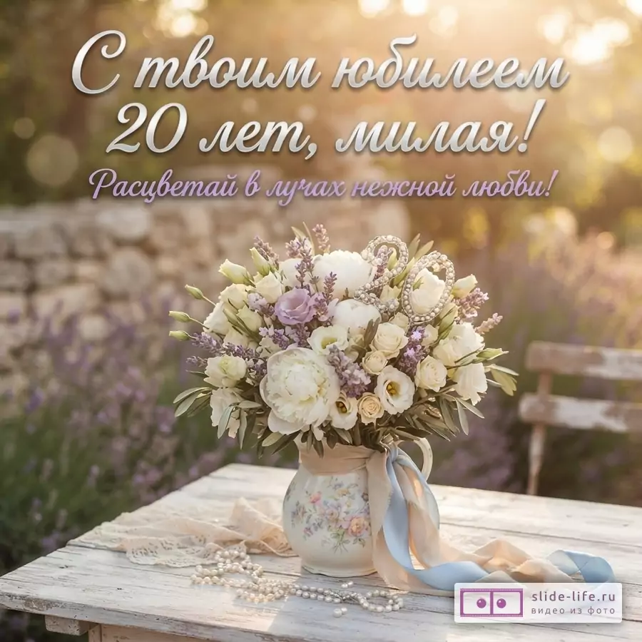 Букет белых пионов и лаванды в кувшине с цифрой 20 на деревянном столе с надписью «С твоим юбилеем 20 лет, милая! Расцветай в лучах нежной любви!».