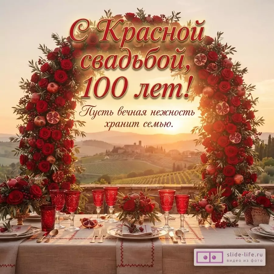 Праздничный стол с красными бокалами под аркой из алых роз и гранатов на фоне заката и надпись: «С Красной свадьбой, 100 лет! Пусть вечная нежность хранит семью.»