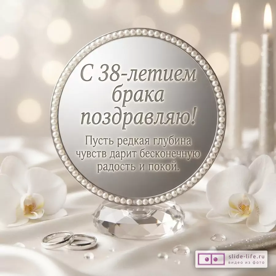 Круглая серебряная рамка с жемчугом на подставке, на фоне белой ткани, орхидей и свечей. Текст: «С 38-летием брака поздравляю! Пусть редкая глубина чувств дарит бесконечную радость и покой.»
