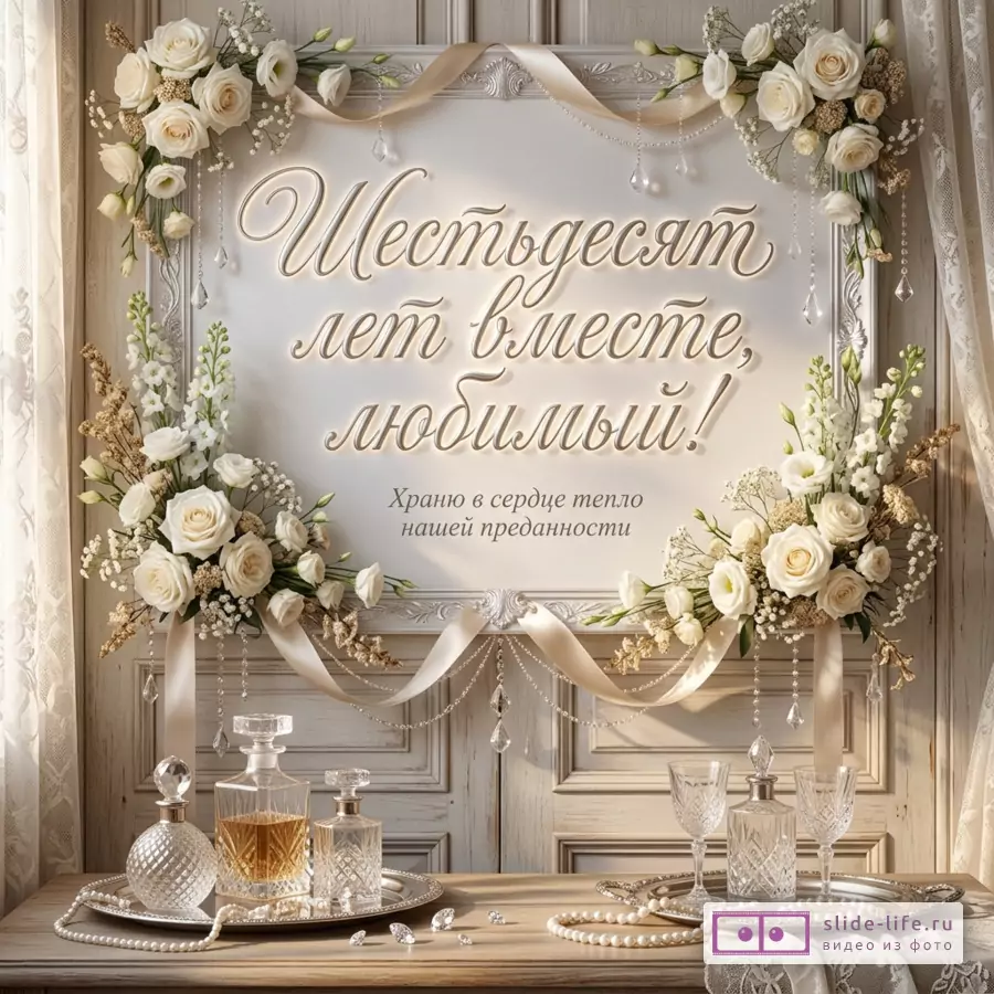Светлая открытка в бежевых и кремовых тонах с кружевной рамкой, белыми розами, лентами, хрустальными подвесками и текстом «Шестьдесят лет вместе, мой родной! Храню в сердце тепло вашей преданности.»
