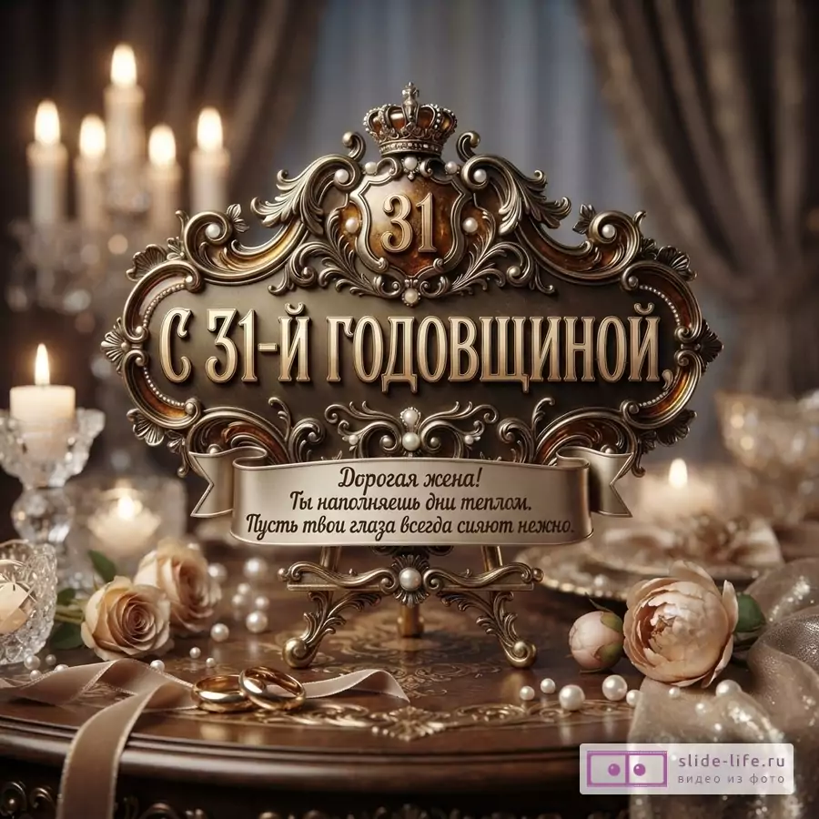 Коричнево-золотая открытка с декоративной рамкой, свечами, розами, жемчугом и кольцами. Текст: «С 31-й годовщиной, дорогая жена! Ты наполняешь дни теплом. Пусть твои глаза всегда сияют нежно.»