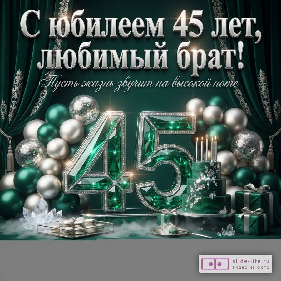 Открытка с юбилеем 45 лет, фон темно-зеленый бархат, серебряные буквы, изумрудные цифры 45, шары, торт, подарки, цветы. Текст: «С юбилеем 45 лет, любимый брат! Пусть жизнь звучит на высокой ноте.»