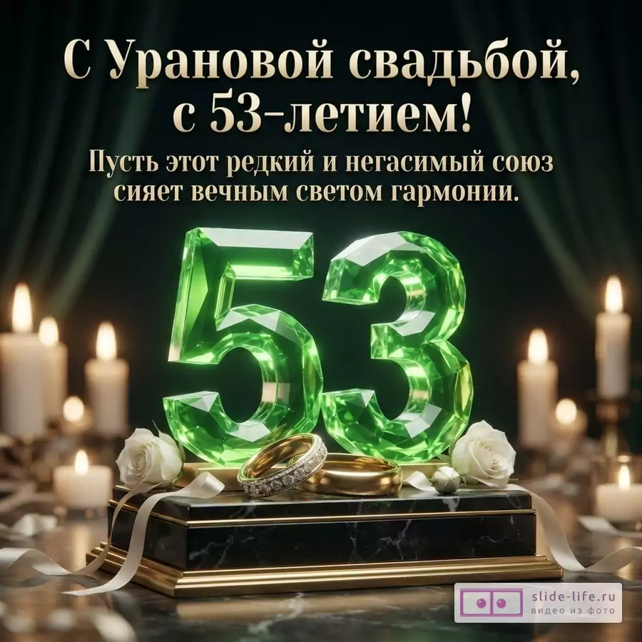 Открытка с темным фоном, зелеными цифрами «53», свечами, белыми розами и кольцами. Текст: «С Урановой свадьбой, с 53-летием! Пусть этот редкий и негасимый союз сияет вечным светом гармонии.»