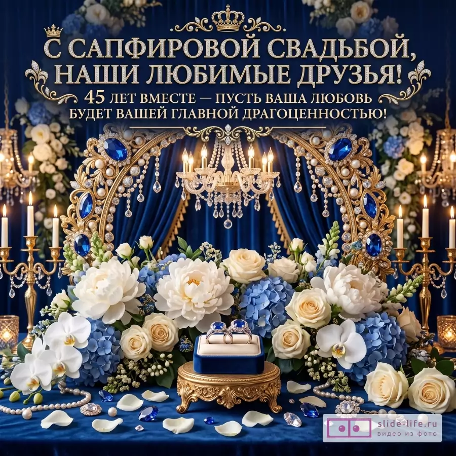 Темно-синий фон, золотой декор, бело-голубые цветы, кольца, люстра; «С САПФИРОВОЙ СВАДЬБОЙ, НАШИ ЛЮБИМЫЕ ДРУЗЬЯ! 45 ЛЕТ ВМЕСТЕ — ПУСТЬ ВАША ЛЮБОВЬ БУДЕТ ВАШЕЙ ГЛАВНОЙ ДРАГОЦЕННОСТЬЮ!»