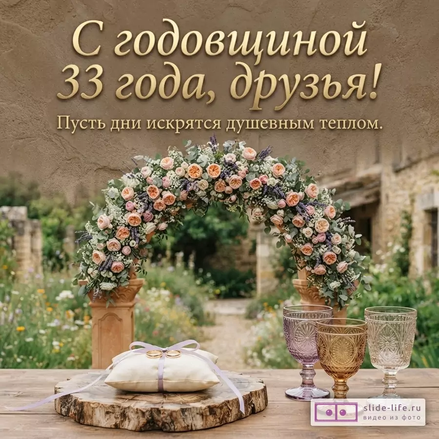 Коричневый фон, цветочная арка, подушечка с кольцами, бокалы. Текст: «С годовщиной 33 года, друзья! Пусть дни искрятся душевным теплом.»