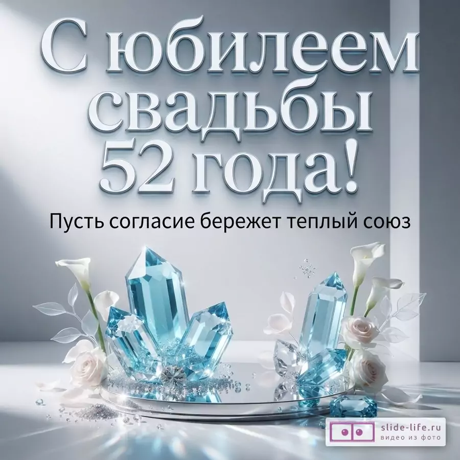 Светло-серый фон, крупные голубые кристаллы, белые каллы и розы, мелкие блестки. Текст: «С юбилеем свадьбы 52 года! Пусть согласие бережет теплый союз»