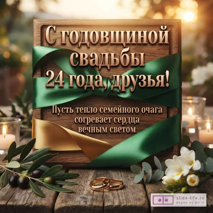 Деревянная табличка с зеленой атласной лентой, обручальными кольцами, свечами и текстом «С годовщиной свадьбы 24 года, друзья! Пусть тепло семейного очага согревает сердца вечным светом».
