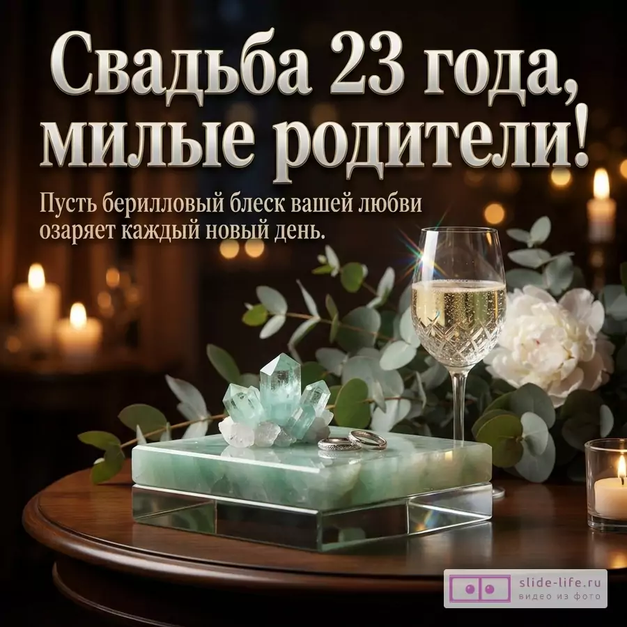 Тёмный коричневый фон, свечи, бокал игристого, белые цветы, зелёные ветви, берилловые кристаллы и кольца. Текст: «Свадьба 23 года, милые родители! Пусть берилловый блеск вашей любви озаряет каждый новый день.»