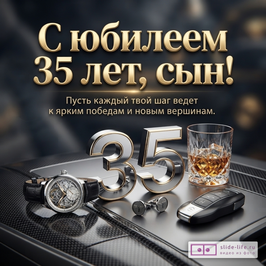 Тёмный фон, золотой текст «С юбилеем 35 лет, сын! Пусть каждый твой шаг ведет к ярким победам и новым вершинам.», серебряные цифры 35, часы, стакан виски, запонки и ключ от автомобиля.