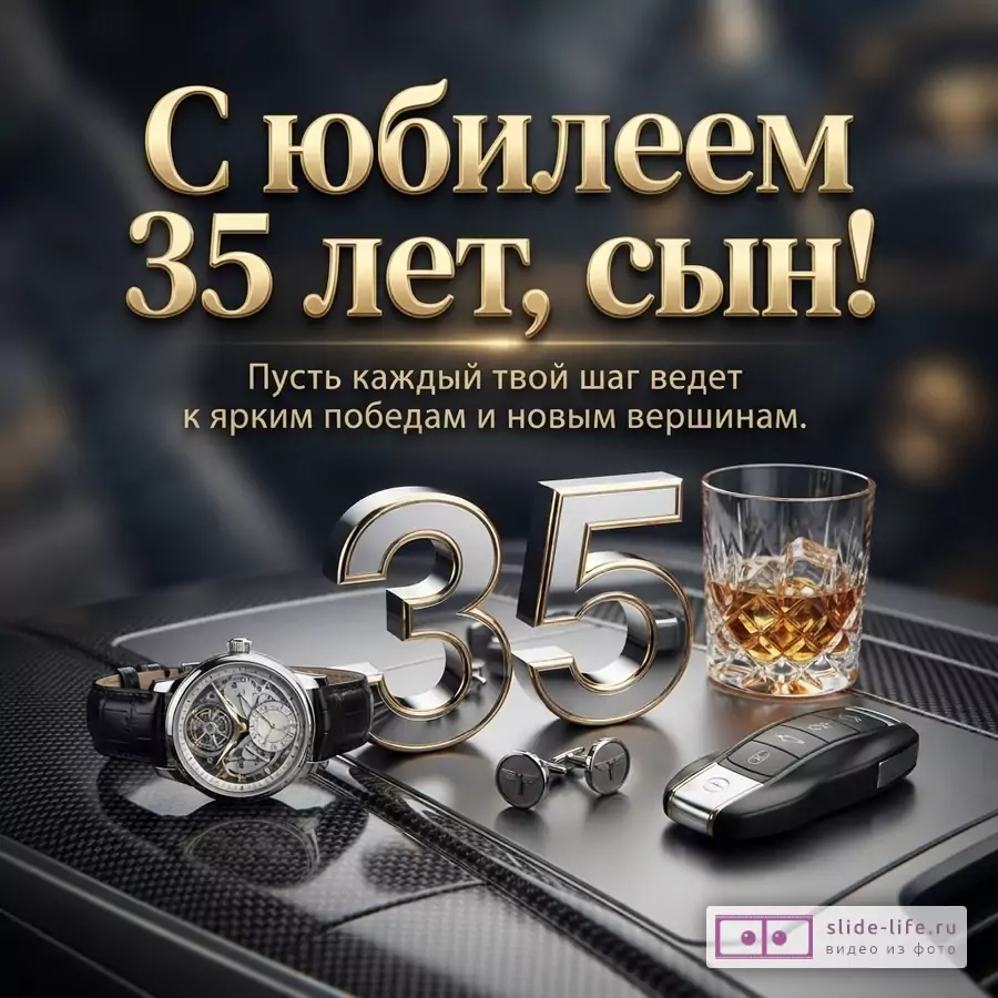 Тёмный фон, золотой текст «С юбилеем 35 лет, сын! Пусть каждый твой шаг ведет к ярким победам и новым вершинам.», серебряные цифры 35, часы, стакан виски, запонки и ключ от автомобиля.