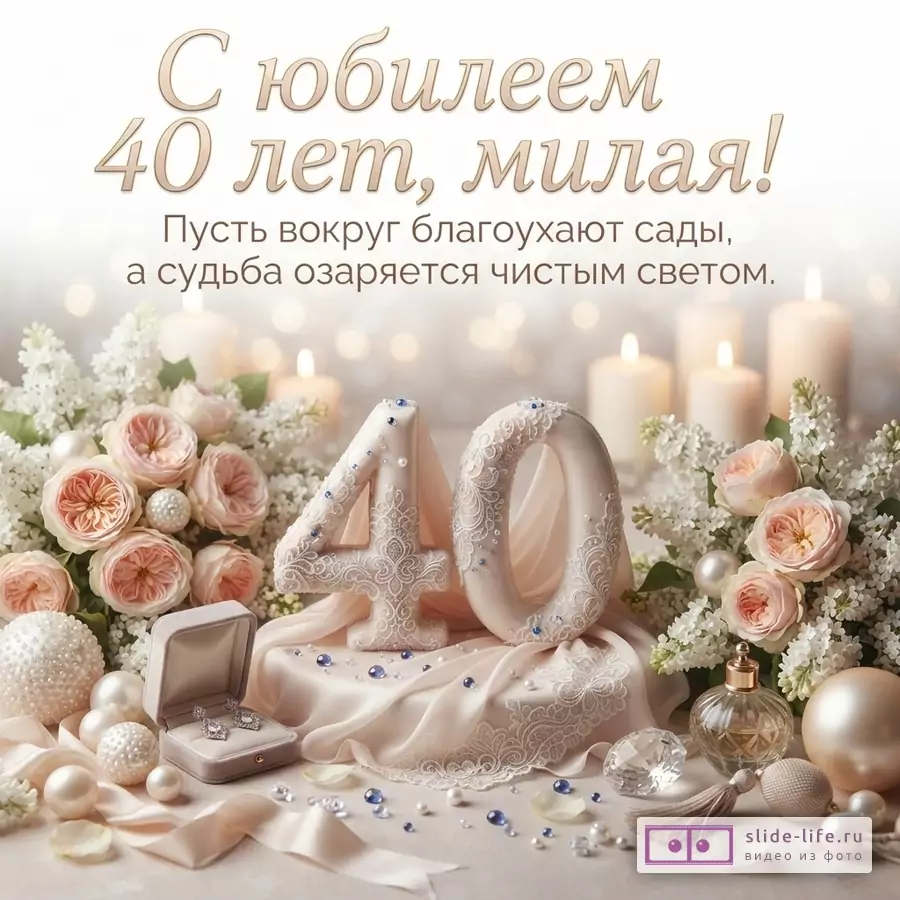 Светлый фон, свечи, цветы, цифры «40» из кремового материала с кружевным узором и синими бусинами, шкатулка с серьгами, жемчуг, флакон духов. Текст: «С юбилеем 40 лет, милая! Пусть вокруг благоухают сады, а судьба озаряется чистым светом.»