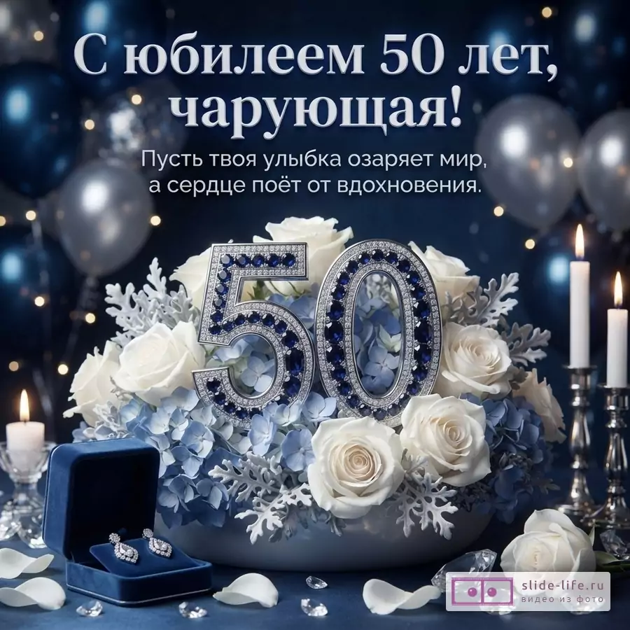 Открытка с синим фоном, воздушными шарами, свечами и цветами. В центре композиции цифры «50» из камней. Рядом синяя коробочка с серьгами. Текст: «С юбилеем 50 лет, чарующая! Пусть твоя улыбка озаряет мир, а сердце поёт от вдохновения.»