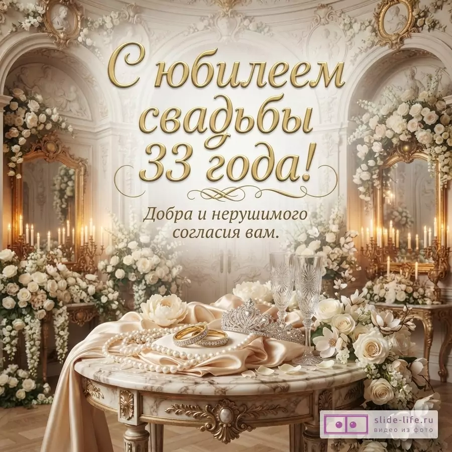 Открытка с золотыми буквами на белом фоне, текст «С юбилеем свадьбы 33 года! Добра и нерушимого согласия вам.»