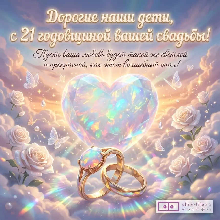 Лилово-розовый облачный фон, белые розы, бабочки, сияющее сердце-опал, два золотых кольца с опалом. Текст: «Дорогие наши дети, с 21 годовщиной вашей свадьбы! Пусть ваша любовь будет такой же светлой и прекрасной, как этот волшебный опал!»