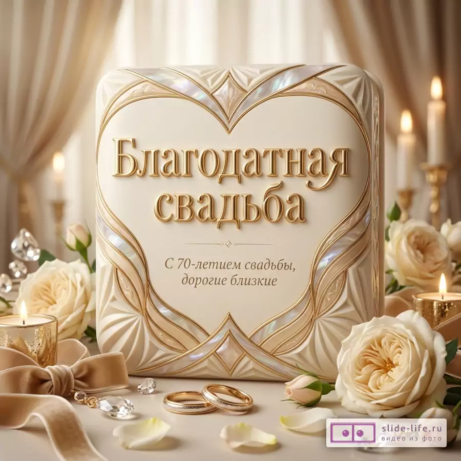 Кремово-золотая открытка с сердцем и цветочным декором, свечами, кольцами и розами, текст «Благодатная свадьба» и «С 70-летием свадьбы, дорогие близкие»