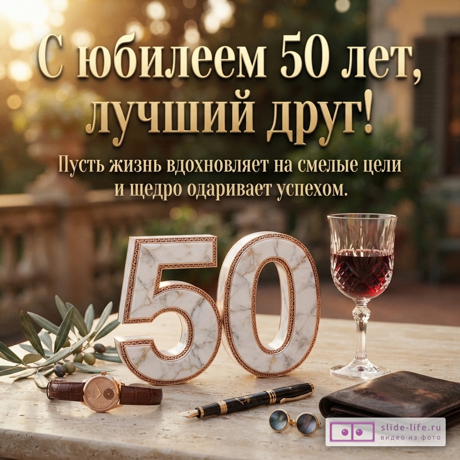 Фон с размытыми солнечными бликами, на переднем плане цифры «50» из белого мрамора с золотой окантовкой, рядом бокал красного вина, часы, ручка, запонки и кошелек. Текст: «С юбилеем 50 лет, лучший друг! Пусть жизнь вдохновляет на смелые цели и щедро одаривает успехом.»