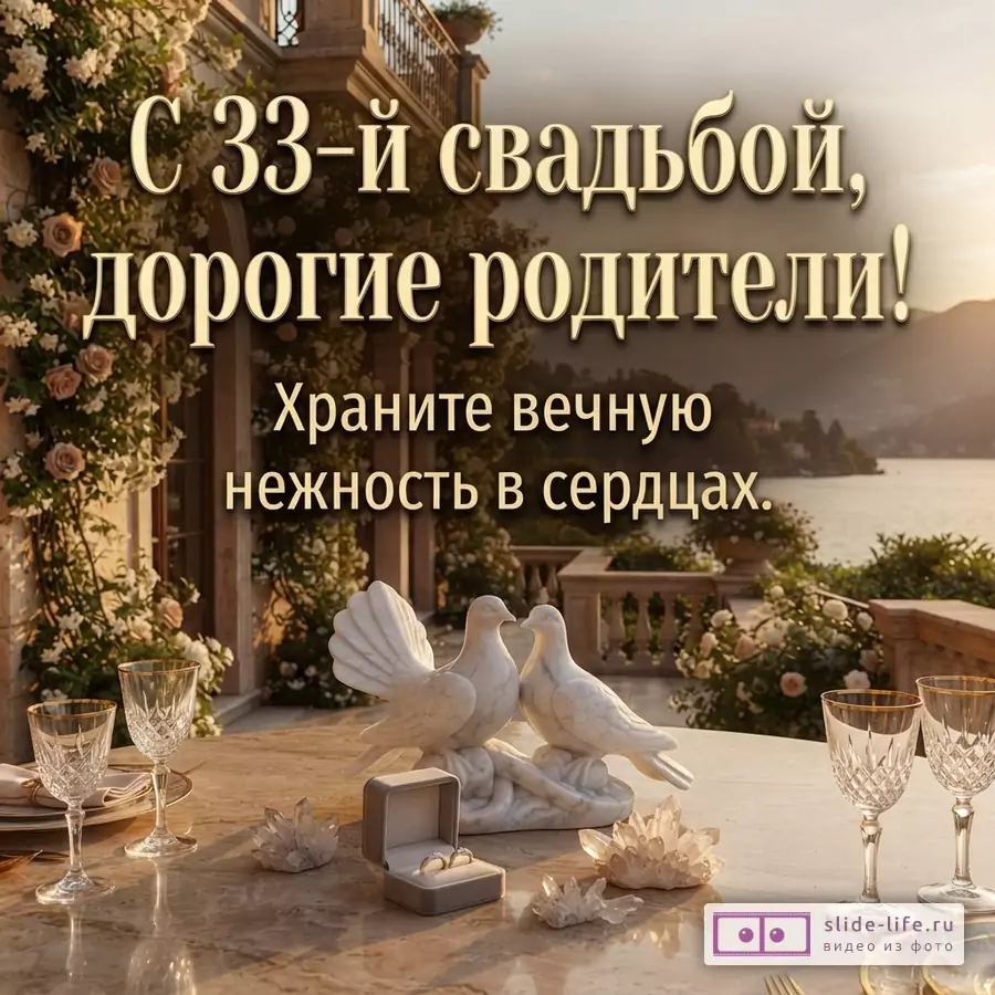 Фон с видом на озеро и горы, на переднем плане мраморный стол с бокалами, статуэткой двух голубей и коробочкой с кольцами. Текст: «С 33-й свадьбой, дорогие родители! Храните вечную нежность в сердцах.»