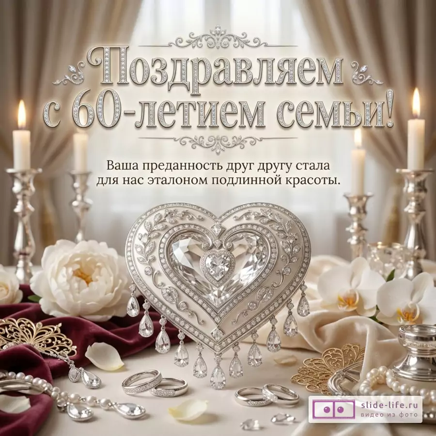 Бежевая открытка с драпировками, свечами, белыми цветами, кольцами, жемчугом и декоративным сердцем с кристаллами, текст «Поздравляем с 60-летием семьи! Ваша преданность друг другу стала для нас эталоном подлинной красоты.»