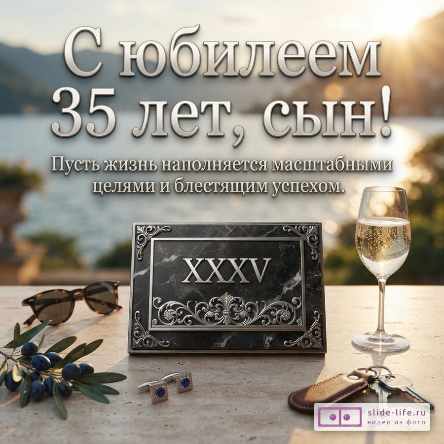 Мраморная табличка с римской цифрой XXXV, бокал игристого, ключи и запонки на фоне моря с надписью: «С юбилеем 35 лет, сын! Пусть жизнь наполняется масштабными целями и блестящим успехом».