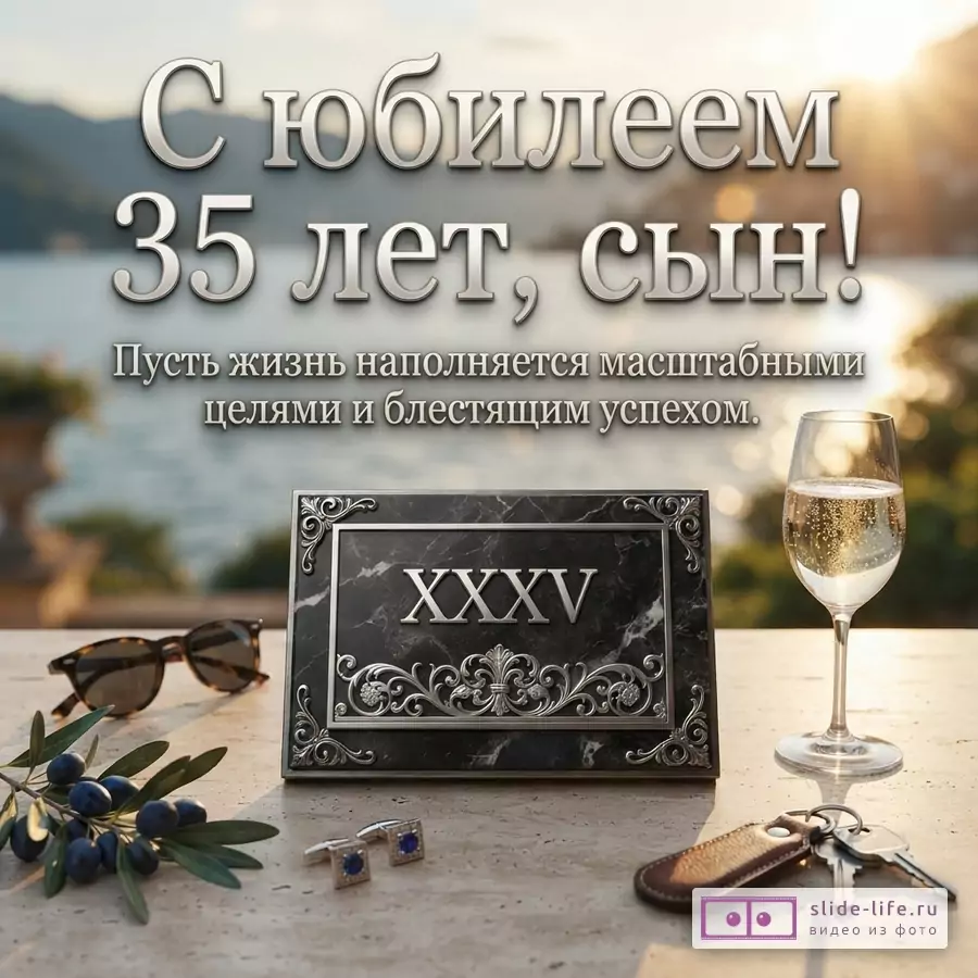 Мраморная табличка с римской цифрой XXXV, бокал игристого, ключи и запонки на фоне моря с надписью: «С юбилеем 35 лет, сын! Пусть жизнь наполняется масштабными целями и блестящим успехом».