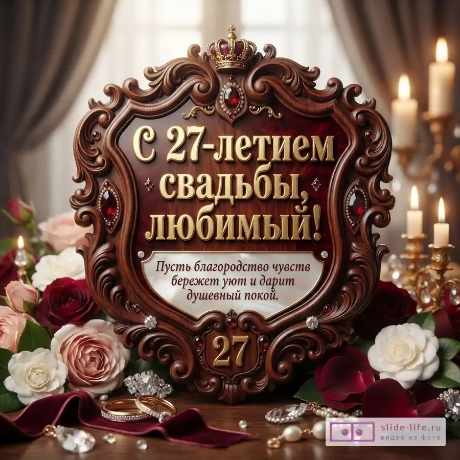 Открытка на 27 лет свадьбы с деревянной рамкой, золотыми буквами и красными камнями. Фон темный, с цветами и свечами. Текст: «С 27-летием свадьбы, любимый! Пусть благородство чувств бережет уют и дарит душевный покой.»