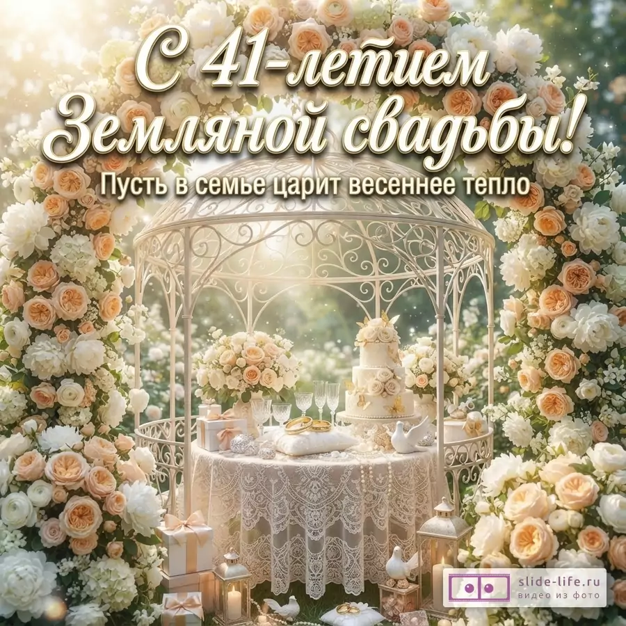 Белая беседка, украшенная белыми и персиковыми розами, на фоне зелени. На столе белый торт, бокалы, подарки. Текст: «С 41-летием Земляной свадьбы! Пусть в семье царит весеннее тепло»