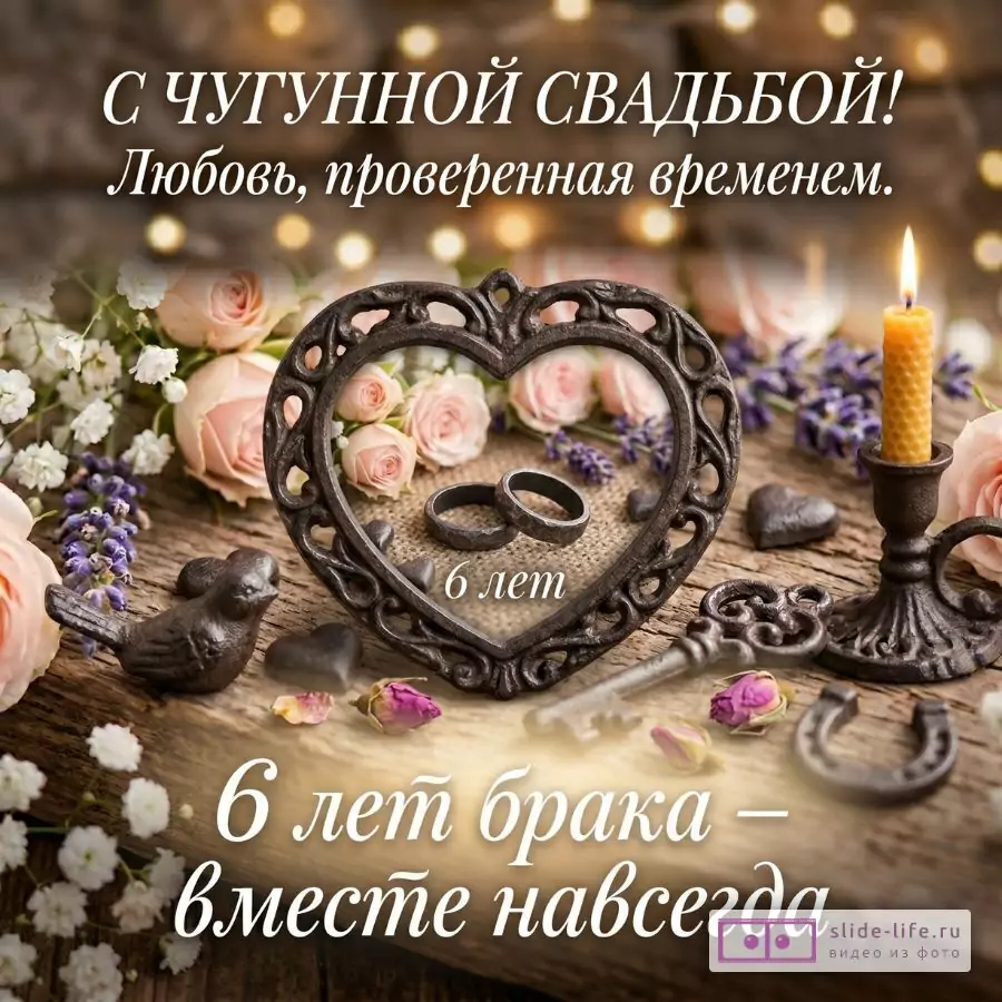 6 лет брака — чугунная свадьба, поздравительная открытка