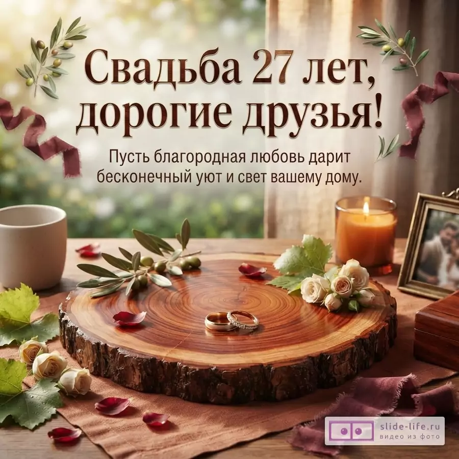 Фон размытый, светлый. На переднем плане деревянный спил, на нем два обручальных кольца. Вокруг спила лепестки роз, веточки оливы, бутоны роз. Справа свеча и рамка с фото. Текст: «Свадьба 27 лет, дорогие друзья! Пусть благородная любовь дарит бесконечный уют и свет вашему дому.»