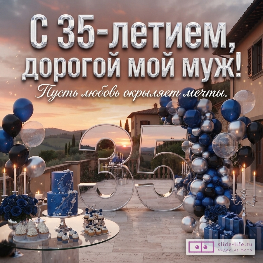 Большие зеркальные цифры 35 на террасе с синим тортом, воздушными шарами и надписью «С 35-летием, дорогой мой муж! Пусть любовь окрыляет мечты.» на фоне заката.