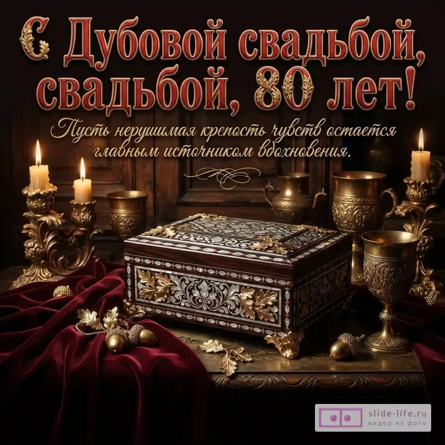 Бордовый фон, свечи, резная деревянная шкатулка и золотистый декор. Текст: «С Дубовой свадьбой, 80 лет! Пусть нерушимая крепость чувств остается главным источником вдохновения.»