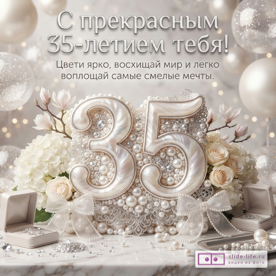 Светлая перламутровая открытка с цветами, жемчугом, украшениями и цифрами 35. Текст: «С прекрасным 35-летием тебя! Цвети ярко, восхищай мир и легко воплощай самые смелые мечты.»